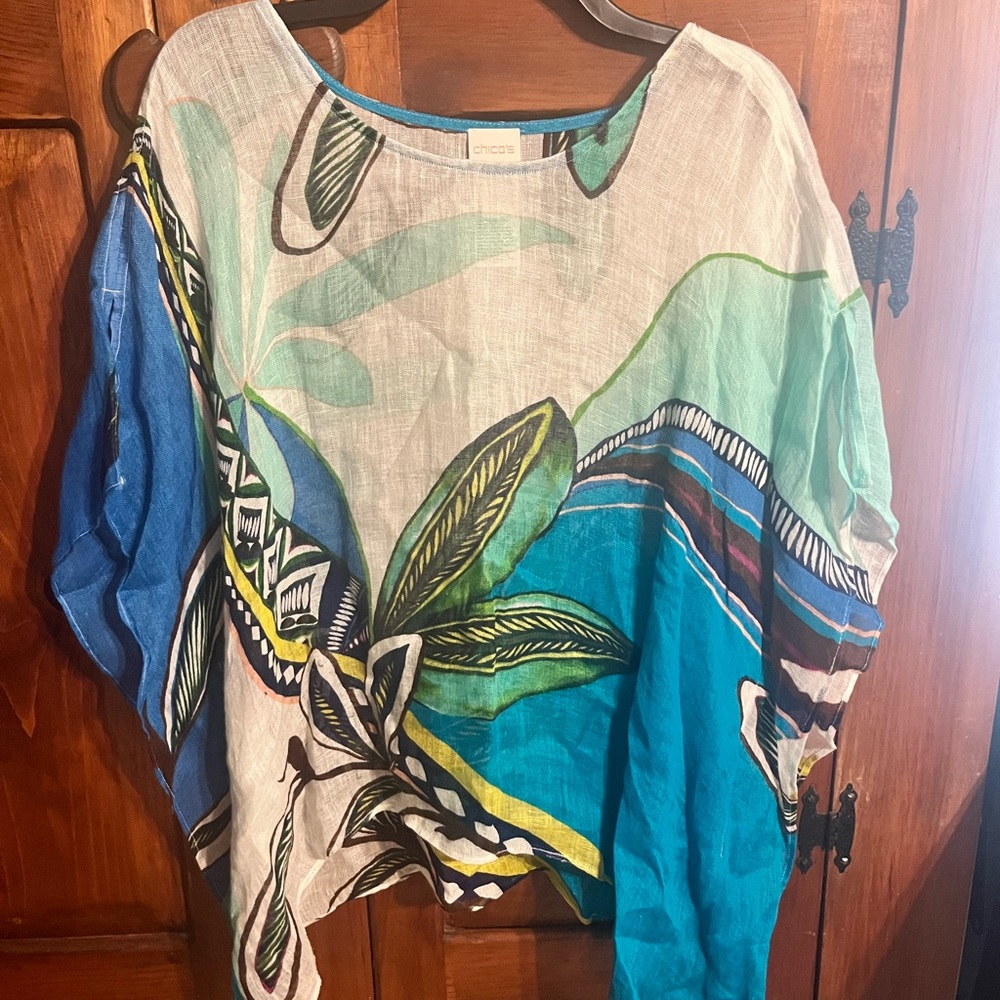 Chico's Asymmetrical Blue and White Dolman Sleeve Blouse